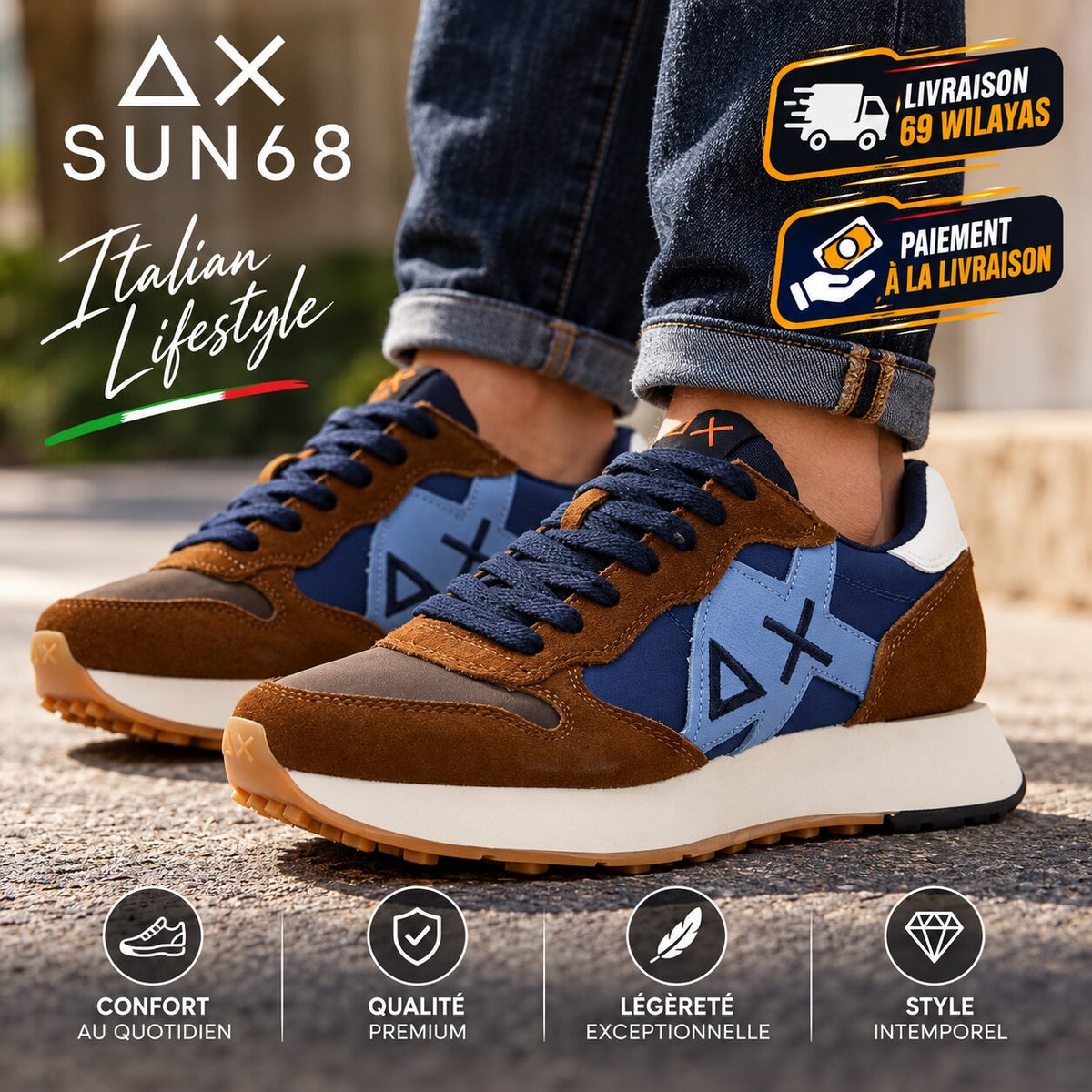 SUN68 Jaki Bicolor Men's Sneakers, Fox Brown