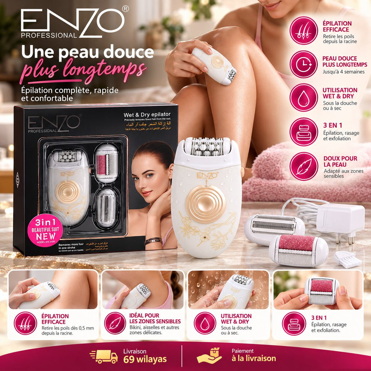 ENZO Épilateur et Rasoir Électrique 3 en 1 Rechargeable
