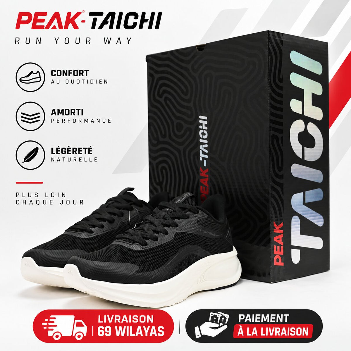 PEAK Taichi Running Shoes, Black/White