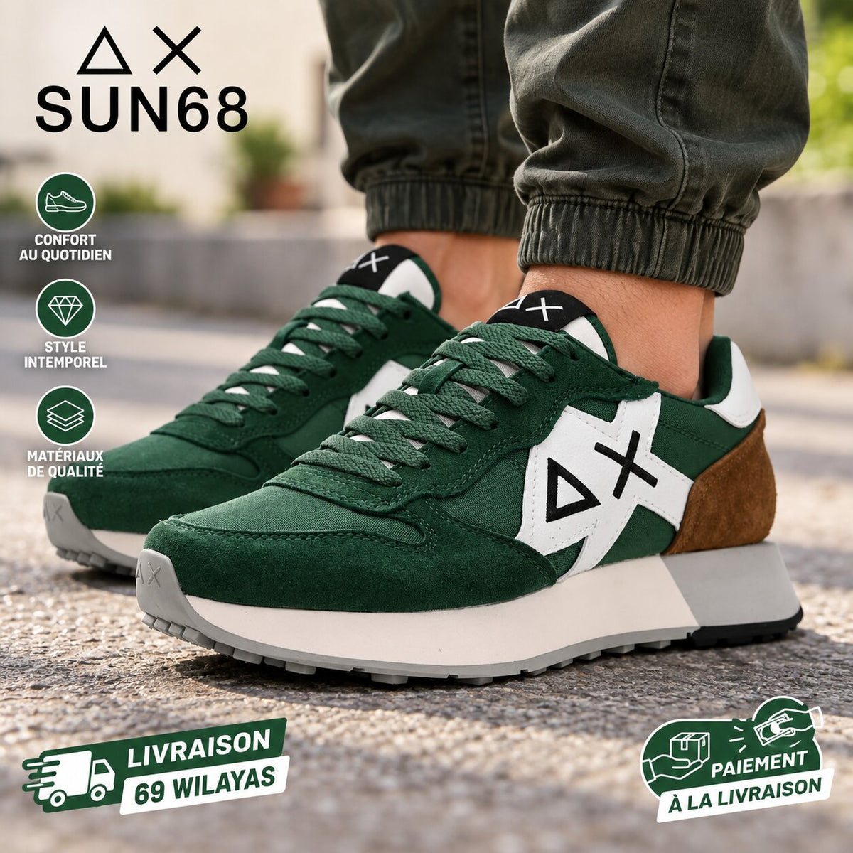SUN68 Jaki Solid Men's Sneakers, Dark Green